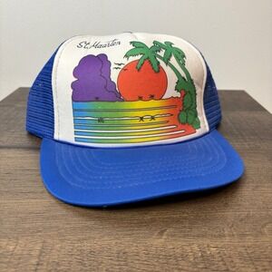 Vintage St. Maarten Souvenir Trucker Hat Snapback Blue Palm‎ Tree Retro